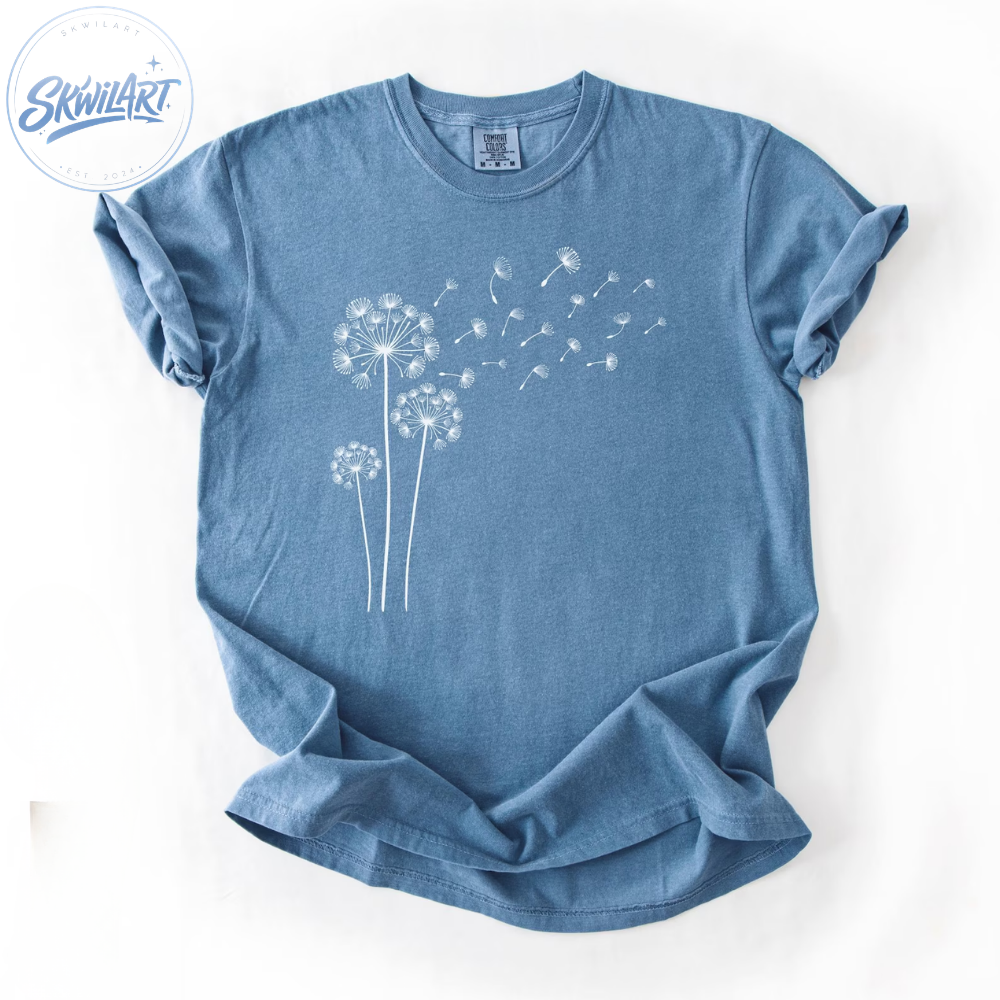 Dandelion Comfort Colors Shirt Blue Vintage Botanical Tee Blowin in the Wind Floral Graphic T-Shirt